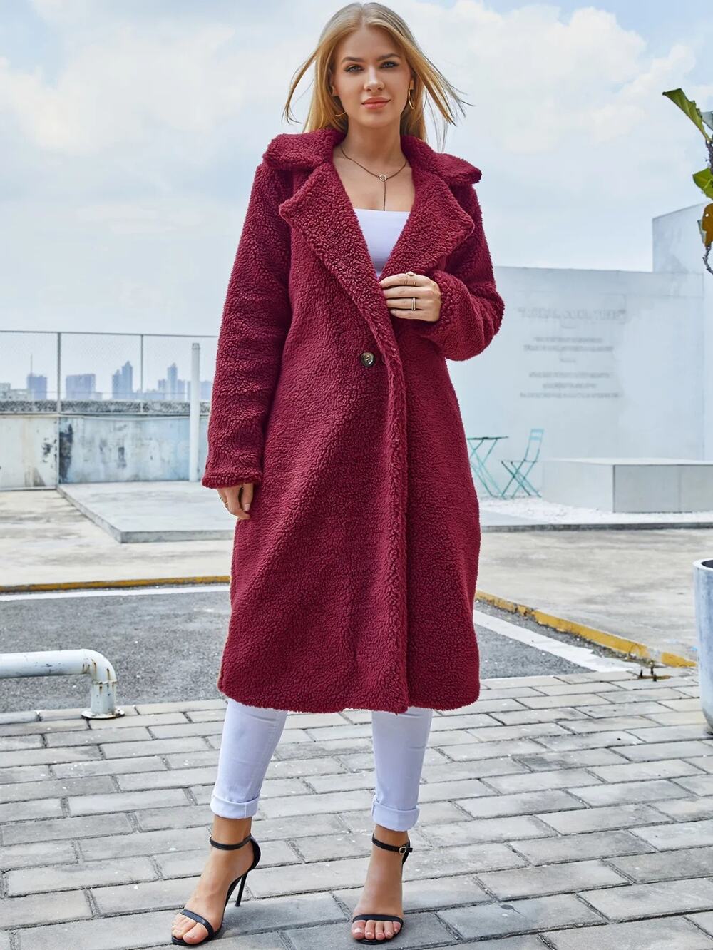 Eilly NEW Bazar Teddy Coat Women's M Burgundy Fuzzy Fleece Button NWOT